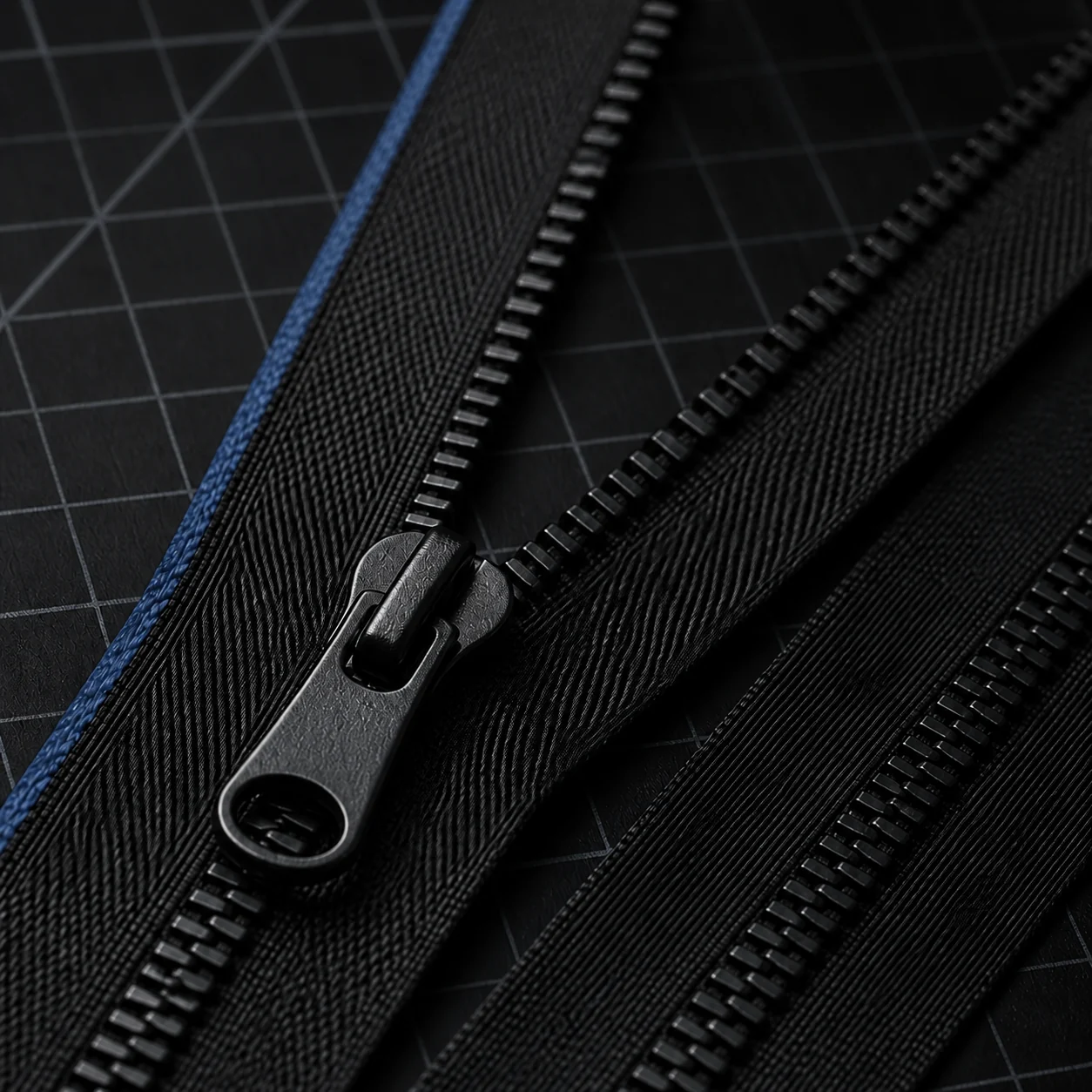 Precision black zipper slider with a restrained steel-blue woven edge