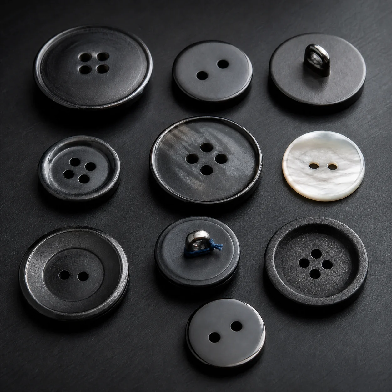 Macro arrangement of dark metal, resin and shell garment buttons on a steel work surface