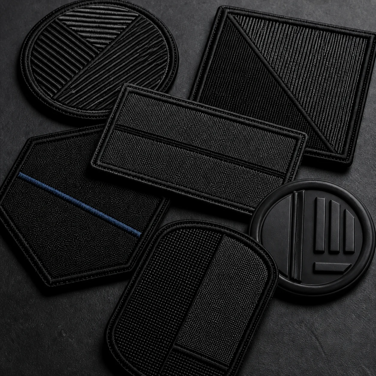 Detailed embroidered and rubber garment patches presented as premium material samples